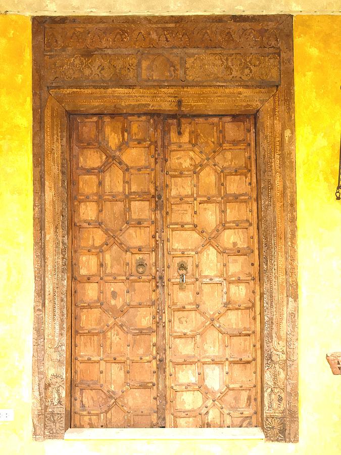 675x900 Watercolor Of Antique Moroccan Style Wooden Door On Yellow Wall - Moroccan Style Painting