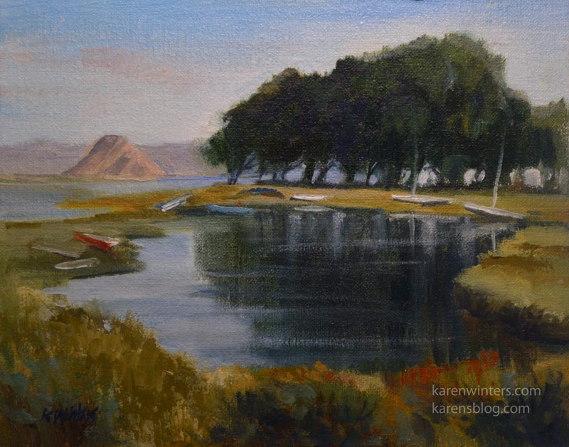 800x629 Morro Bay, Morro Rock Plein Air Oil Painting By Artist Karen - Morro Bay Painting