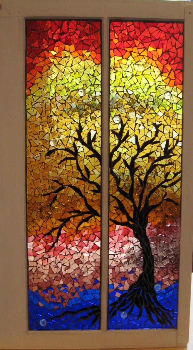 756x1372 A Beautiful Mosaic Window Depicting An Old Twisted Tree - Mosaic Painting For Kids