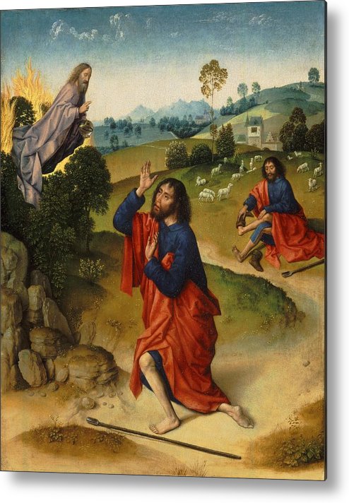 494x712 Moses And The Burning Bush Metal Print By Dieric Bouts - Moses Burning Bush Painting