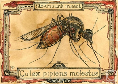 500x355 Steampunk Mosquito. Paper, Coffee, Gel Pen, Colored Pencils - Mosquito Painting