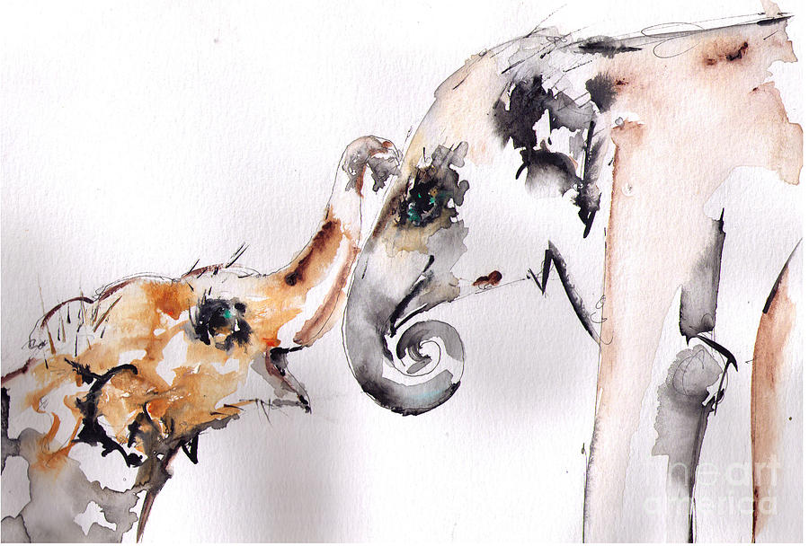 900x608 Mom And Baby Elephant Painting By Eric Sorensen - Mother And Baby Elephant Painting