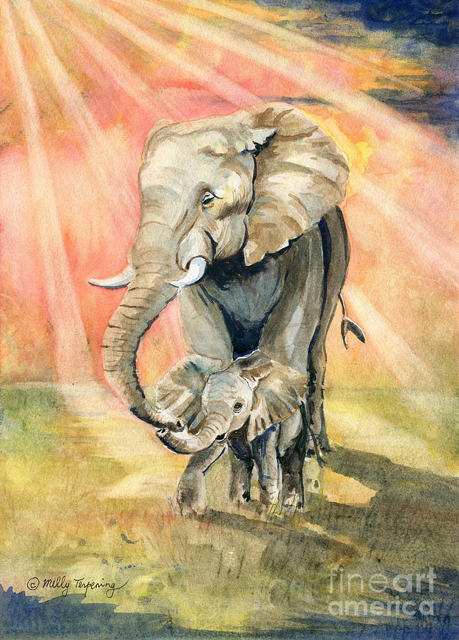 646x900 Mom And Baby Elephant Painting By Melly Terpening - Mother And Baby Elephant Painting