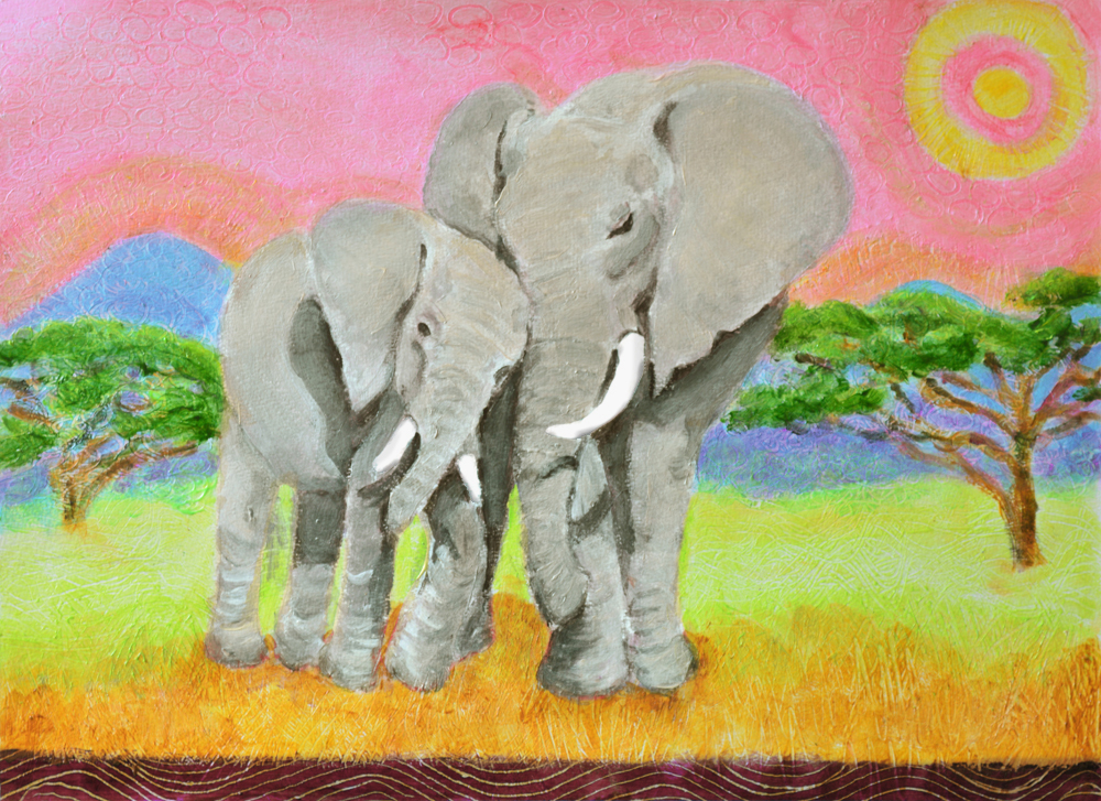 1000x727 Mom And Baby Elephant Heni's Happy Paintings - Mother And Baby Elephant Painting