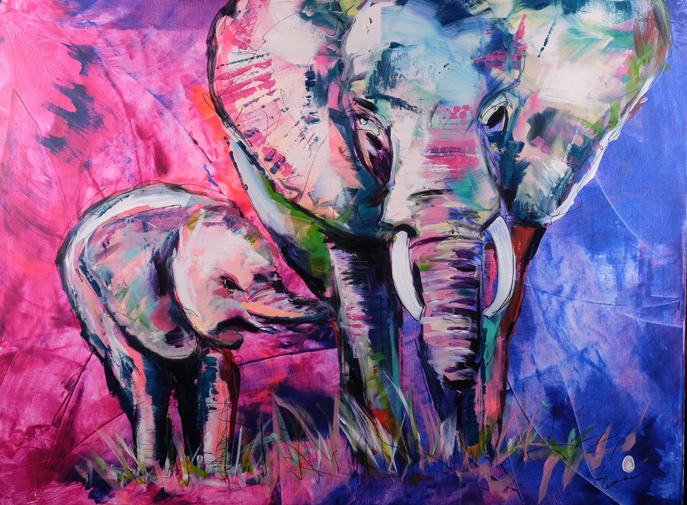 1000x736 Mom And Baby Ii - Mother And Baby Elephant Painting