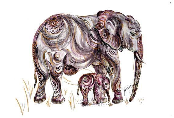 570x388 Mother, Amp Baby, Elephant, Painting, Nature, Wild Life, Love, Care - Mother And Baby Elephant Painting