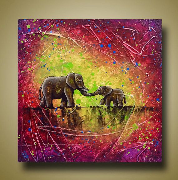 570x575 Bright Mom And Baby Elephant Painting Purple And By Brittsfineart - Mother And Baby Elephant Painting