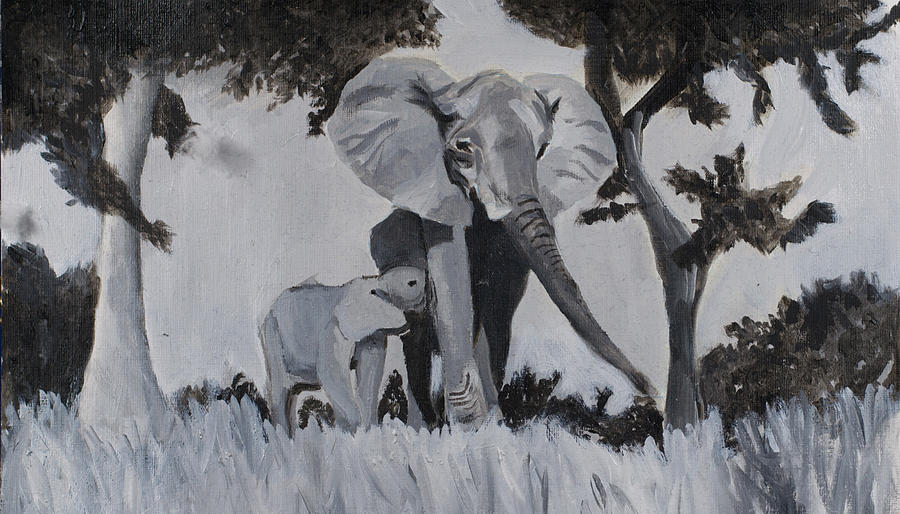 900x514 Mother And Baby Elephant Painting By Jacey Russell - Mother And Baby Elephant Painting