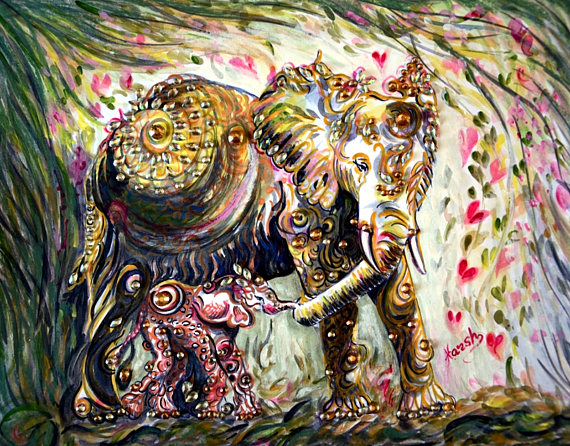 570x446 Mother Amp Baby Elephant Painting Nature Wild Life Love - Mother And Baby Elephant Painting