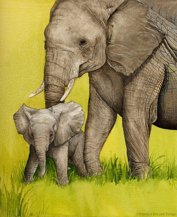570x698 Mother And Baby Elephant Painting Mounted Print Of Original - Mother And Baby Elephant Painting