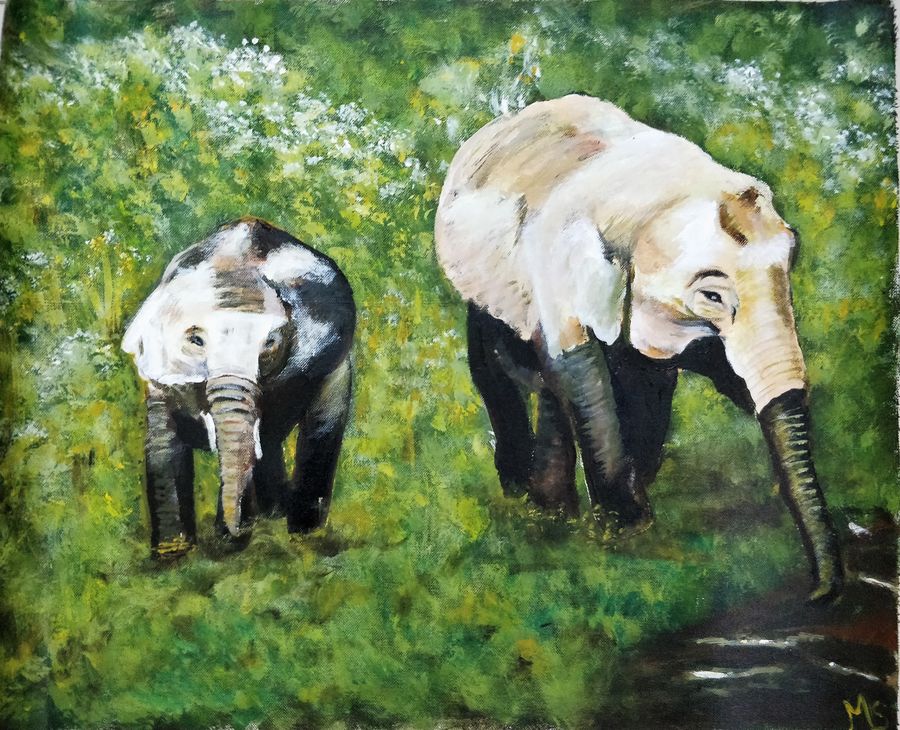 900x730 Ms Mother Amp Baby Elephant Painting By Artist Madhulika Sharma - Mother And Baby Elephant Painting