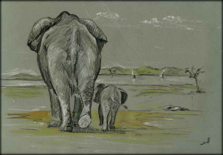 750x521 San Martin Arts Crafts Mom And Baby Elephant Having A Bath. - Mother And Baby Elephant Painting