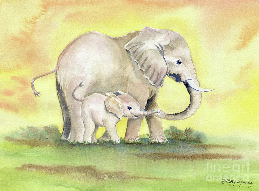 900x665 Colorful Mom And Baby Elephant 2 Painting By Melly Terpening - Mother And Baby Elephant Painting