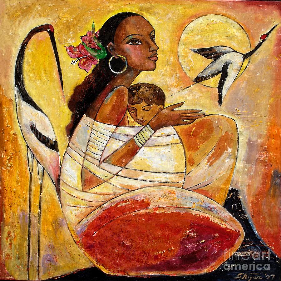 900x899 Sunshine Mother And Child Painting By Shijun Munns - Mother And Child Painting