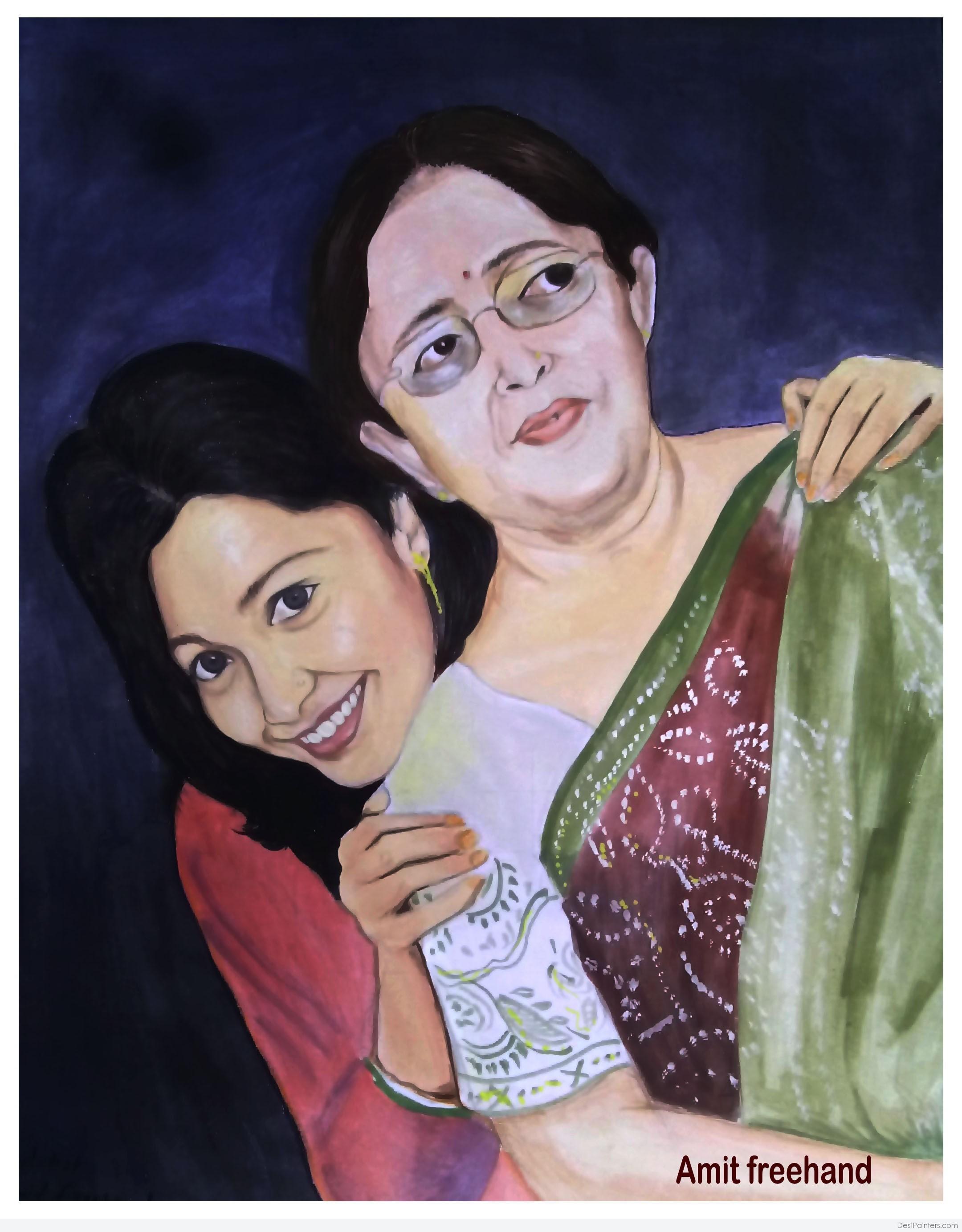 2160x2766 Lovely Mother And Daughter Oil Painting By Amit Freehand - Mother And Daughter Oil Painting