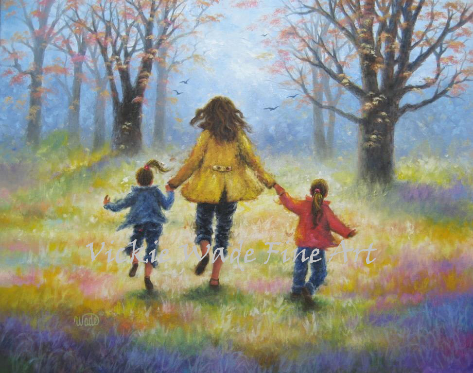 973x768 Mommy And Two Daughters Out For A Walk Original Oil Painting 22x28 - Mother And Daughter Oil Painting