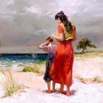 350x350 2018 Pino,beachwalk,mother Daughter At The Beach,genuine Hand - Mother And Daughter Oil Painting
