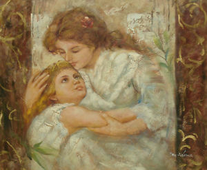 300x247 Oil Painting Of Mother Hugging Daughter Girl In Arms Portrait - Mother And Daughter Oil Painting
