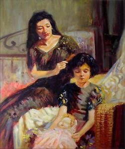 251x300 Hand Painted Oil Painting Mother Braiding Her Daughter's Hair - Mother And Daughter Oil Painting