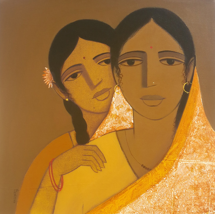 690x688 Mother And Daughter I By Artist Nagesh Ghodke Decorative - Mother And Daughter Painting
