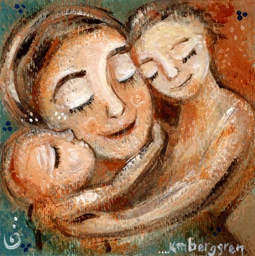 500x503 Mother With Two, Son, Daughter, Two Babies, Embrace, Kisses, Mom - Mother And Son Painting