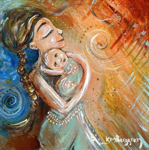 500x503 Print On Canvas, Mother Child, Blue, Red, Sunshine, Daughter, Son - Mother And Son Painting