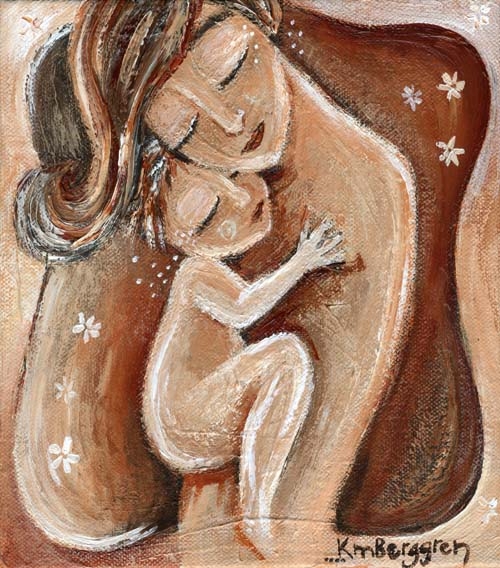 500x568 Archival Print, Mother Child, Pink, Red, Sepia, Primitive, Simple - Mother Baby Painting