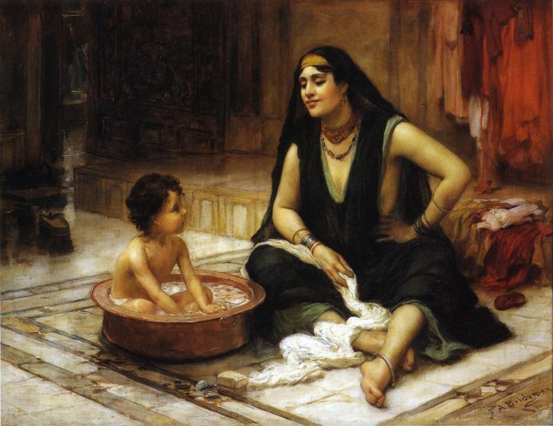 800x616 Happy Mother's Day. The Bathing Cove, By Orientalist Artist - Mother Bathing Child Painting