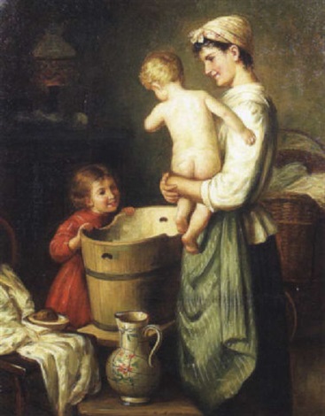 367x470 Interior Scene Of A Mother Bathing Her Children By Hedwig Edle Von - Mother Bathing Child Painting