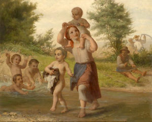 300x241 Oil Painting Young Mother With Baby Crossing The Stream Amp Children - Mother Bathing Child Painting