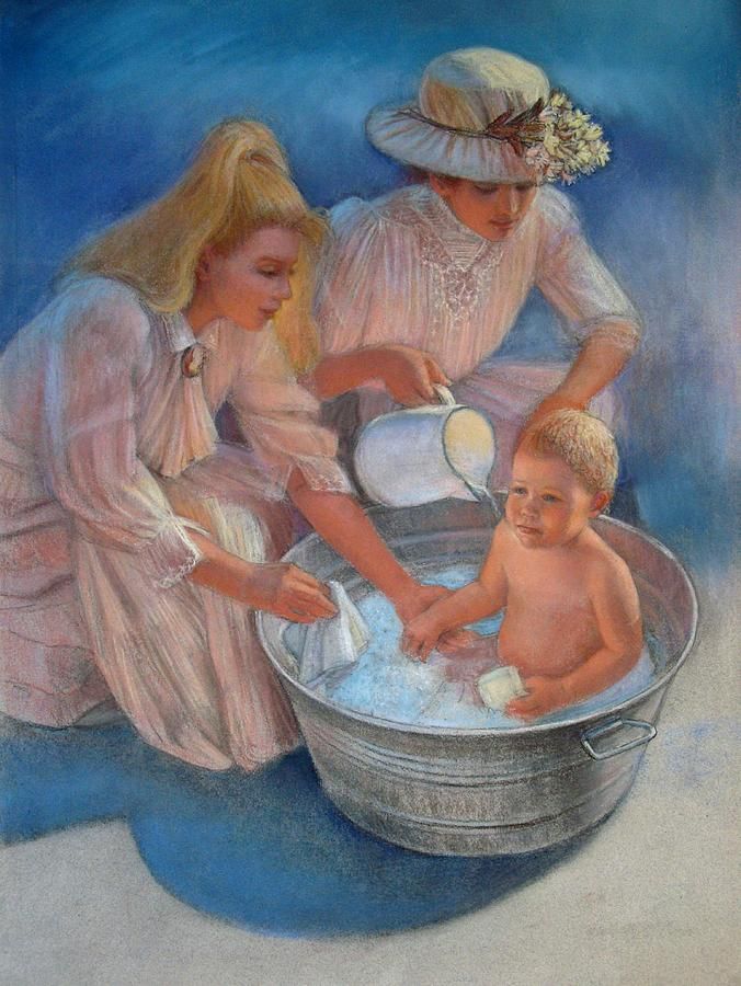 676x900 Baby's Summer Bath Painting By Sue Halstenberg Collage. - Mother Bathing Child Painting