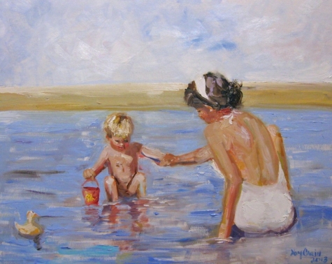 475x378 Down By The Sea Mother And Child At Beach Figurative Figurative - Mother Bathing Child Painting