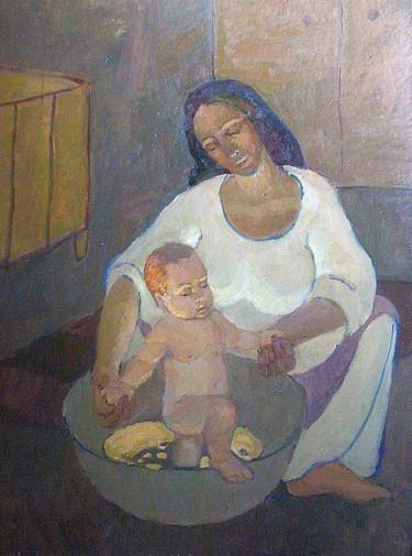 375x505 Bathing Baby Paintings For Sale Saatchi Art - Mother Bathing Child Painting