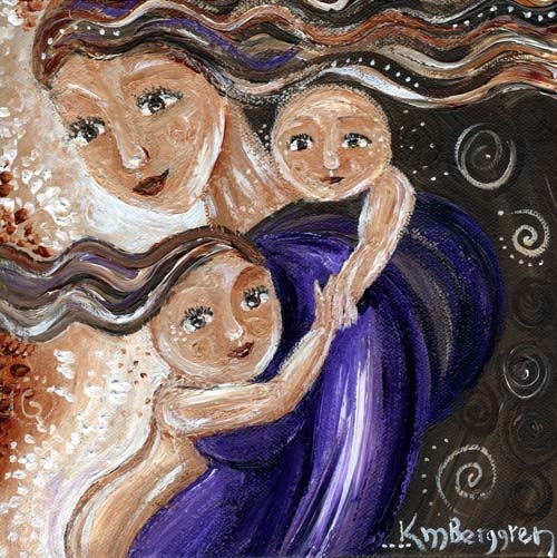 500x501 Archival Print, Mother Child, Long Hair, Bald Baby, Babywearing - Mother Child Painting