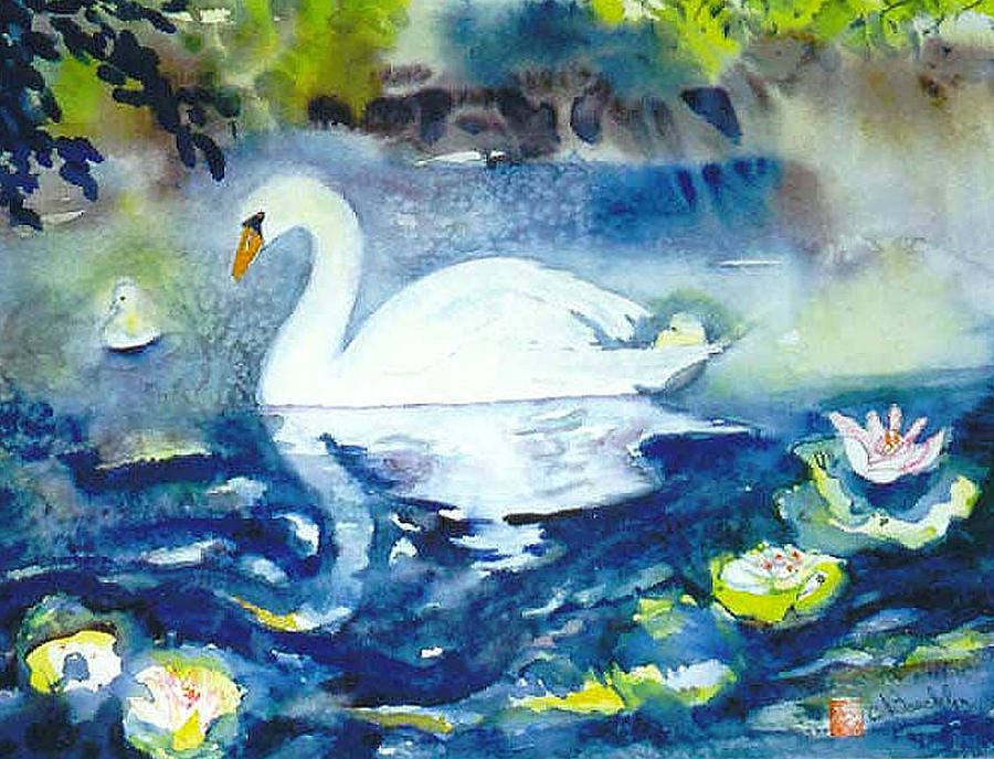 900x688 Mother Swan And Baby Painting By Norma Boeckler - Mother Goose Painting