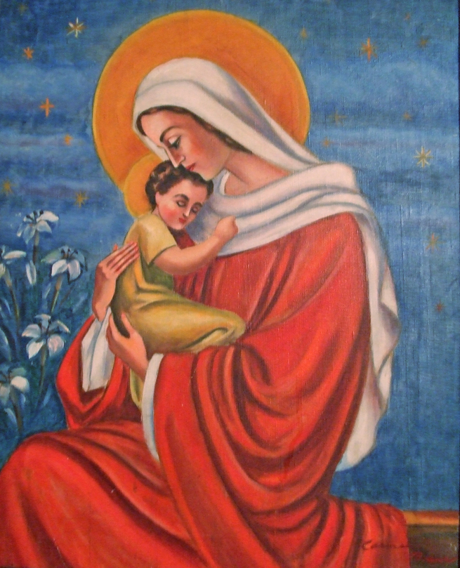 655x809 Oil Painting Of Blessed Mother Holding Baby Jesus - Mother Holding Baby Painting
