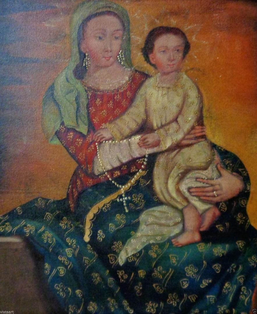 883x1080 Peru Cuzco Painting Mother Holding Child W. Heavy Antique Decor - Mother Holding Child Painting