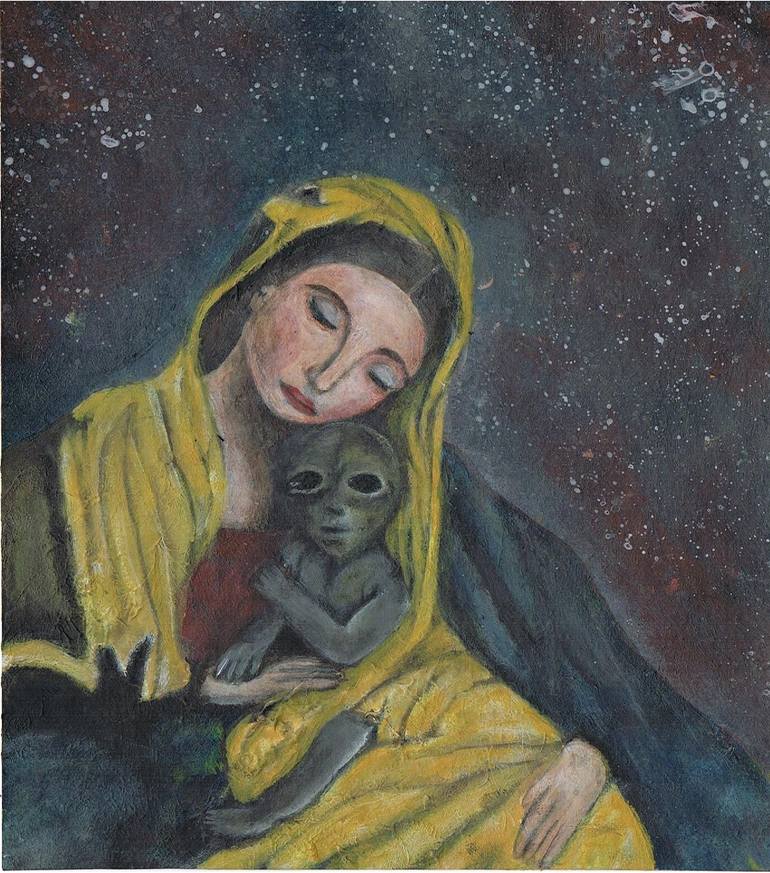 770x873 Saatchi Art Mother Mary And Baby Alien Painting By Marie Goldsworthy - Mother Mary Painting