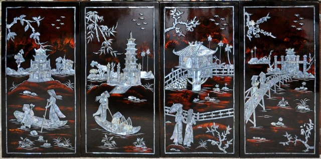 640x318 Vietnamese Lacquer Painting With Mother Of Pearl Inlay Showing - Mother Of Pearl Painting