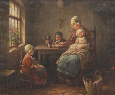 480x398 Antique Mother Child Original Oil Painting F G Grust 19th C - Mother Painting
