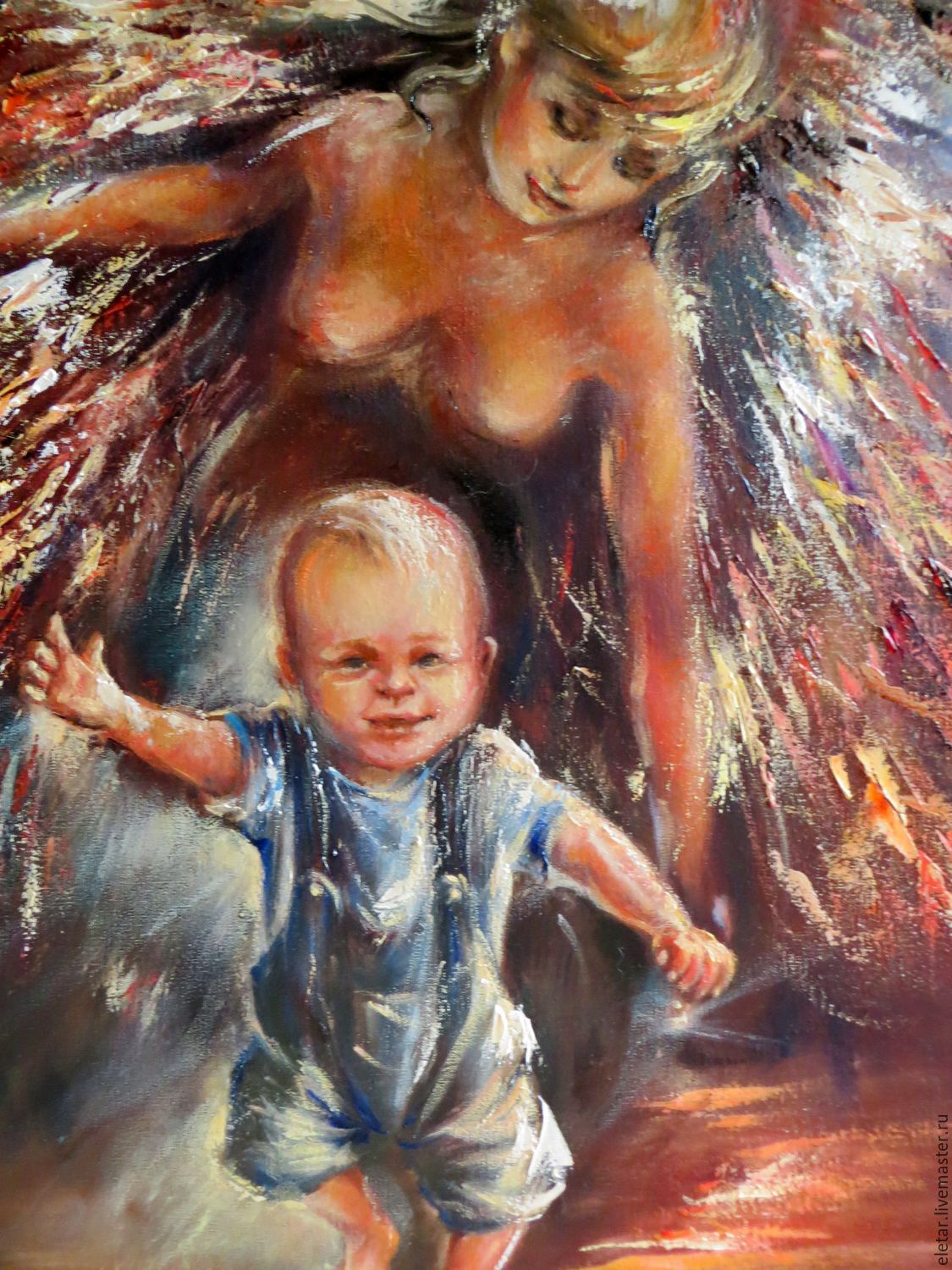 1125x1500 Mother Angel And Kid Original Oil Painting On Canvas Guardian - Mother Painting Images