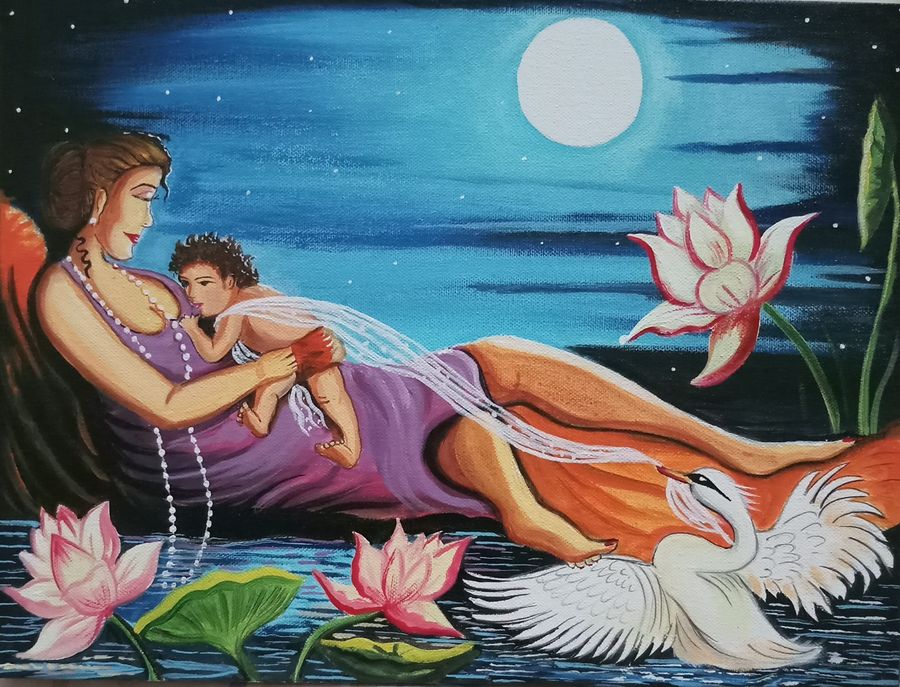 900x687 Mothers Love For Child In Moonlight Painting By Artist Sandhya - Mothers Love Painting