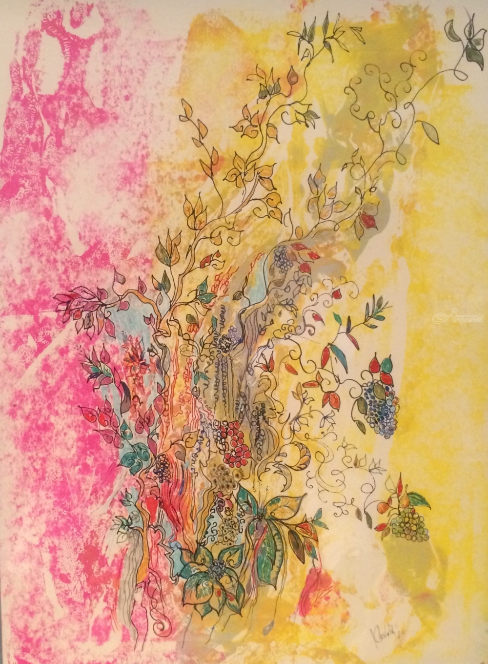 1000x1360 Monoprint With Line Drawing And Framed Glass. Drawing On Print - Motif Painting