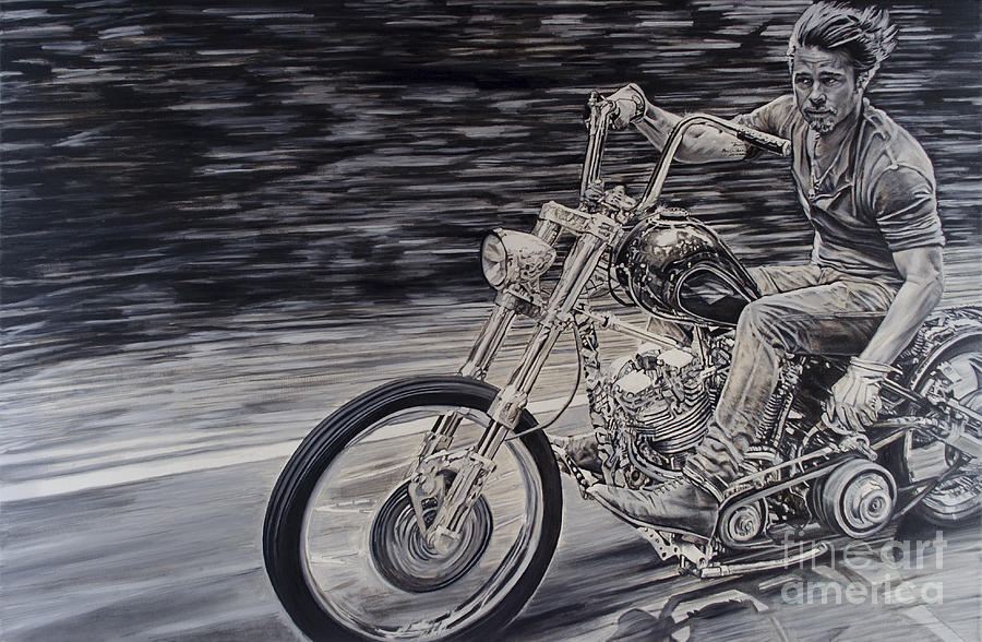 900x588 Brad Pitt On A Motorcycle Painting By Arual Jay - Motorcycle Canvas Painting