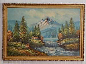 300x225 Striking Vintage Original W. Amion Oil On Canvas Mountain Stream - Mountain Acrylic Painting