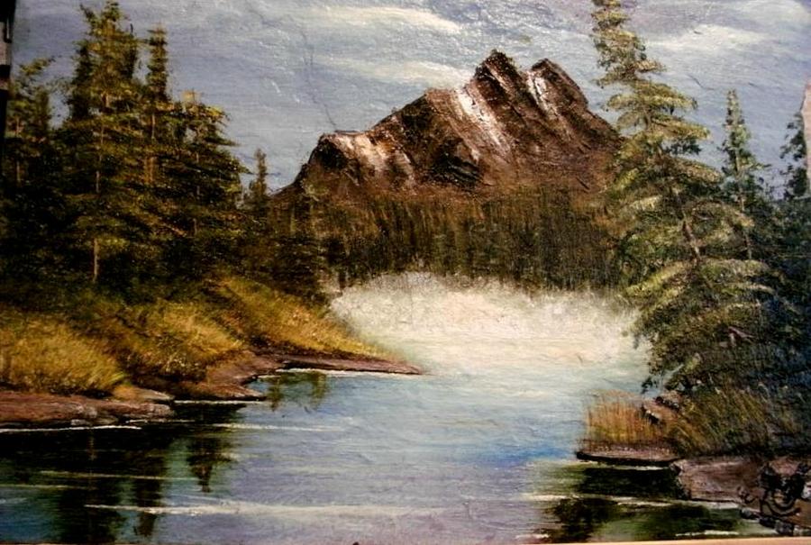 900x605 Mountain And Lake Scene Painting By Karen Cortese - Mountain And Lake Painting