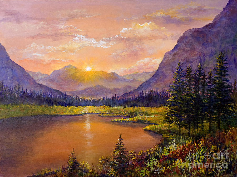 900x674 Mountain Lake Sunset Painting By Lou Ann Bagnall - Mountain And Lake Painting