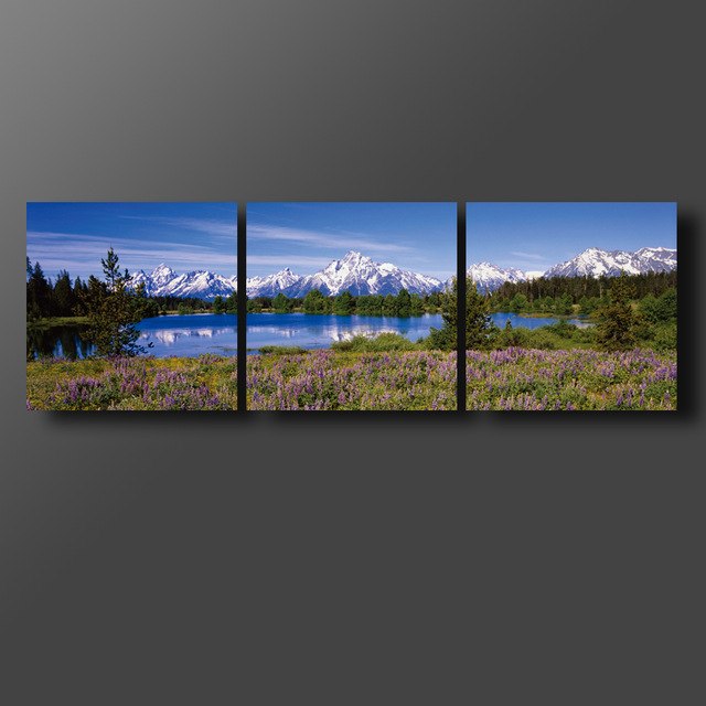 640x640 Free Shipping 3 Panel Modern Mountain And Lake Painting On Canvas - Mountain And Lake Painting
