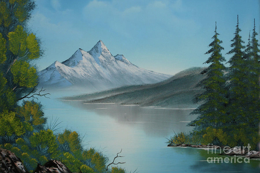 900x600 Mountain Lake Painting A La Bob Ross Painting By Bruno Santoro - Mountain Lake Painting
