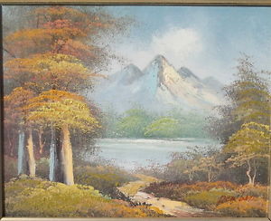 300x244 Signed Oil Painting On Canvas Snow Mountain Lake Trees Fall Scene - Mountain Lake Painting